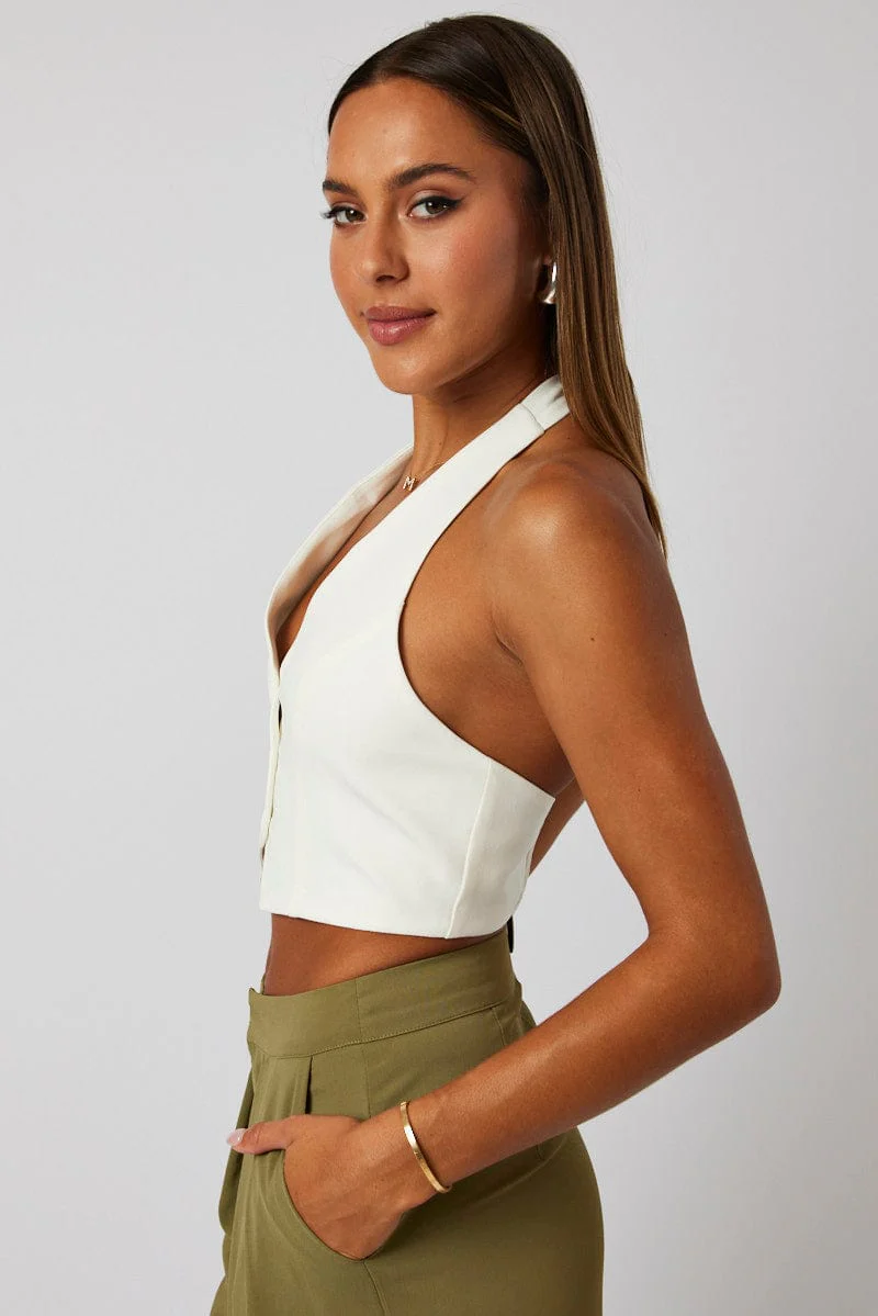 White Vest Top Halter Neck Button Top - Image 4