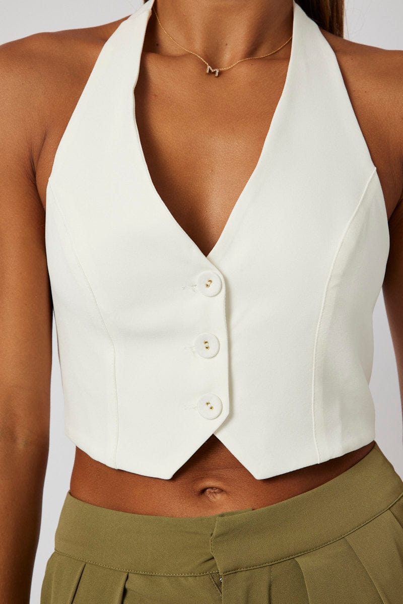 White Vest Top Halter Neck Button Top - Image 6