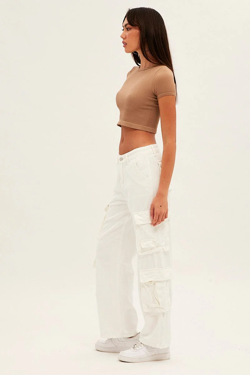 White Wide Leg Cargo Pants - Image 4