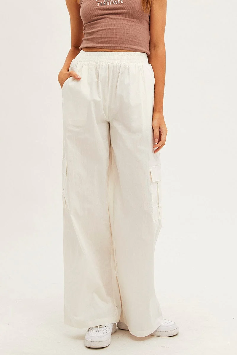 White Wide Leg Cargo Pants High Rise - Image 2