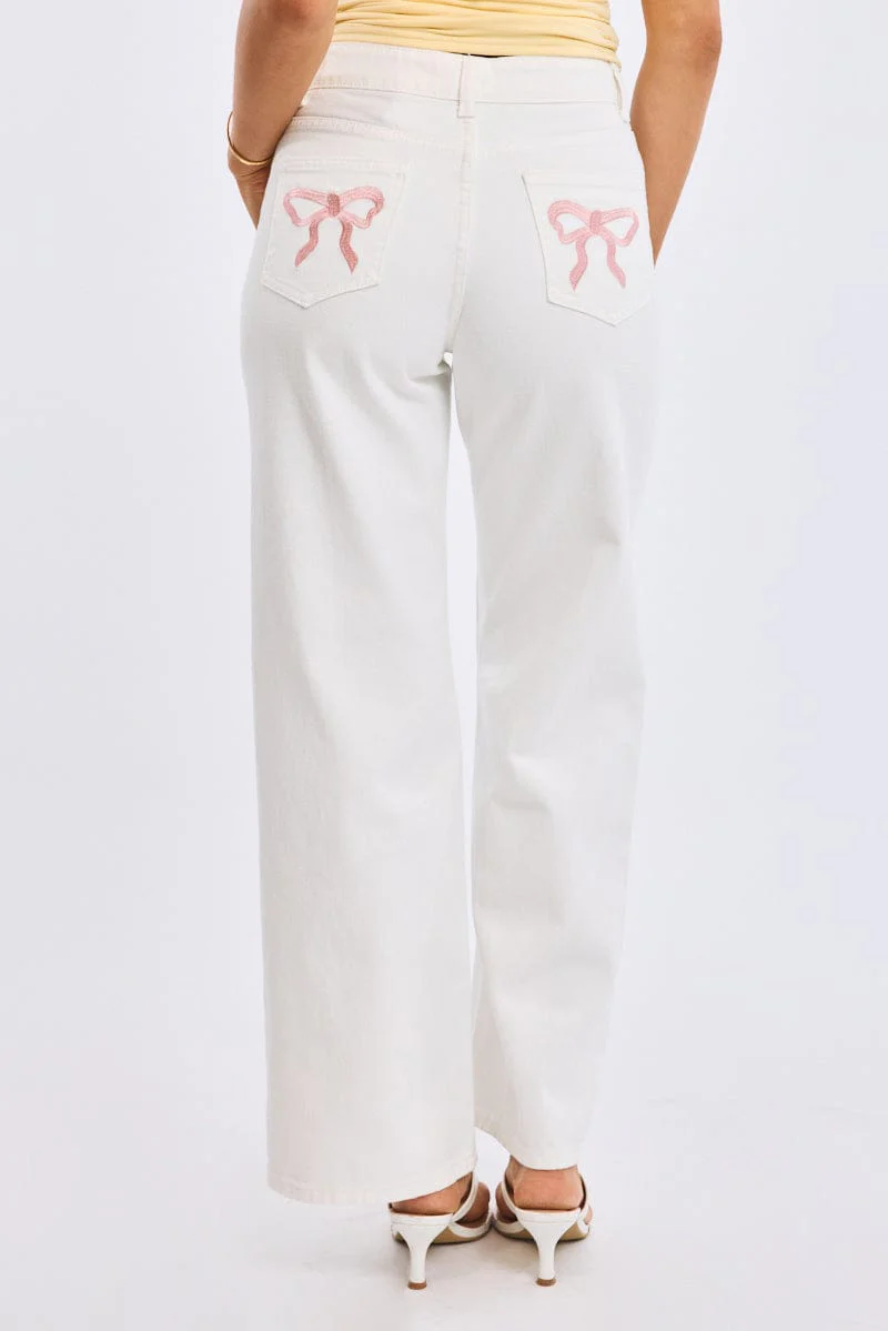 White Wide Leg Jeans Ribbon Pocket - Image 2