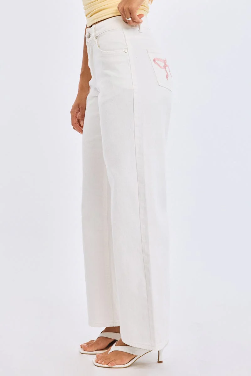 White Wide Leg Jeans Ribbon Pocket - Image 4