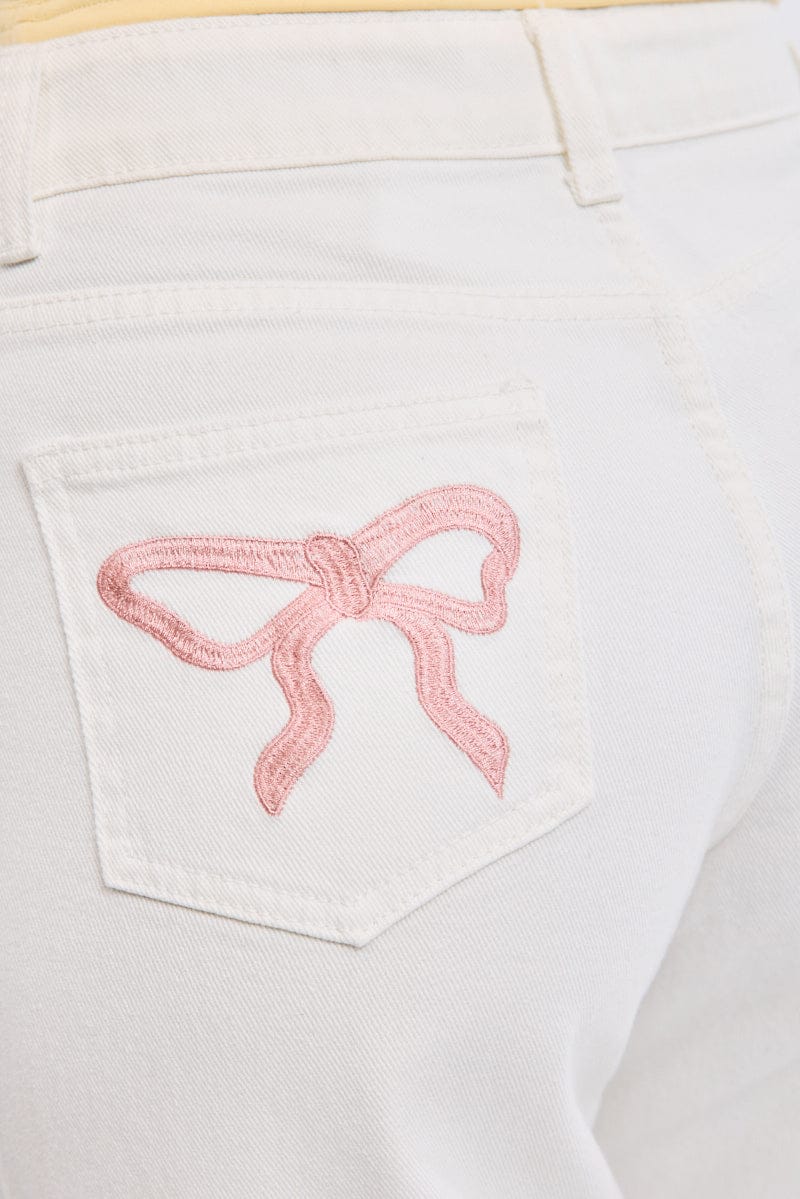 White Wide Leg Jeans Ribbon Pocket - Image 5