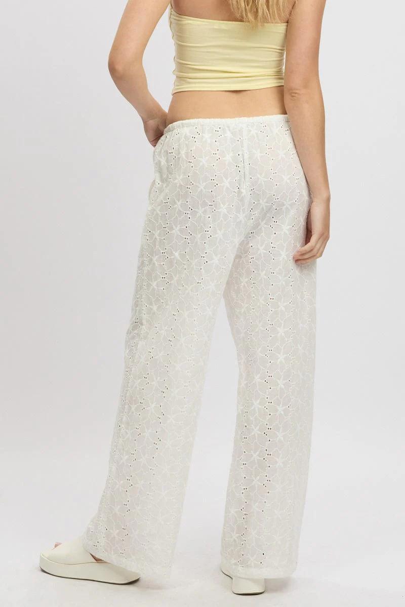 White Wide Leg Pants High Rise Eyelet Fabric - Image 5
