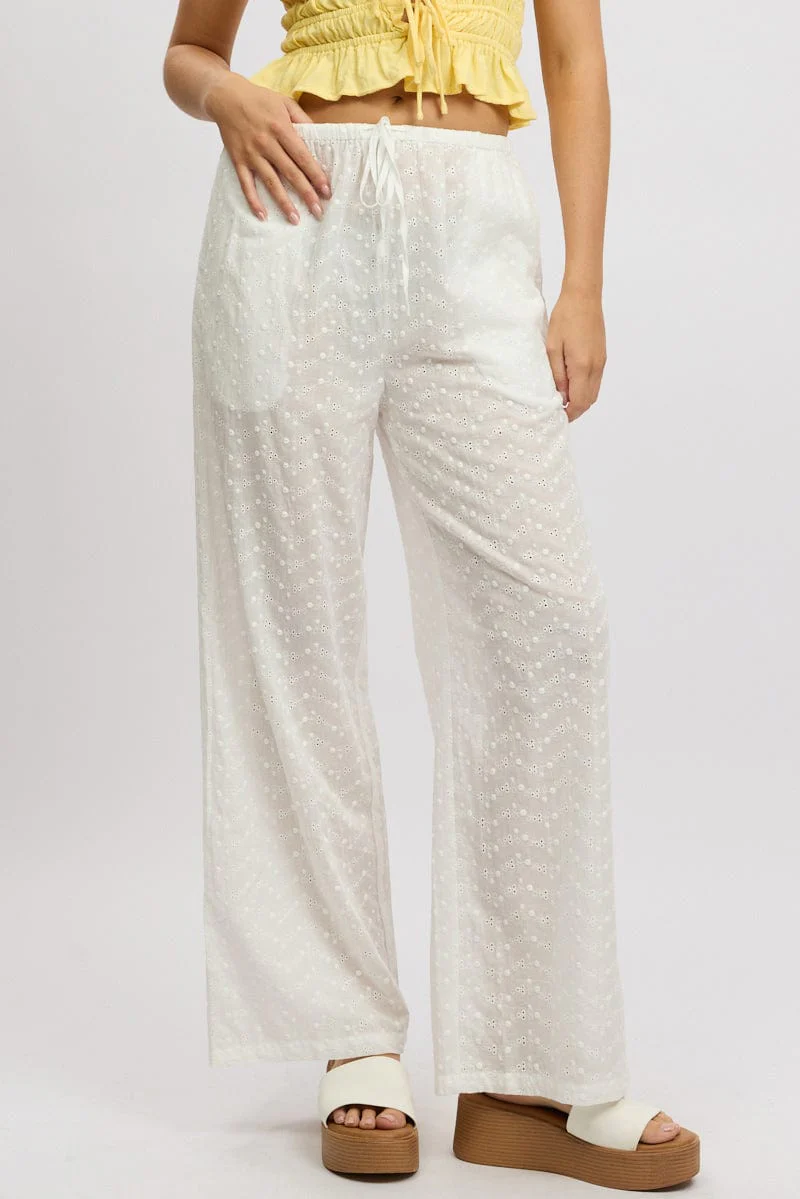 White Wide Leg Pants High Rise Eyelet Fabric - Image 3