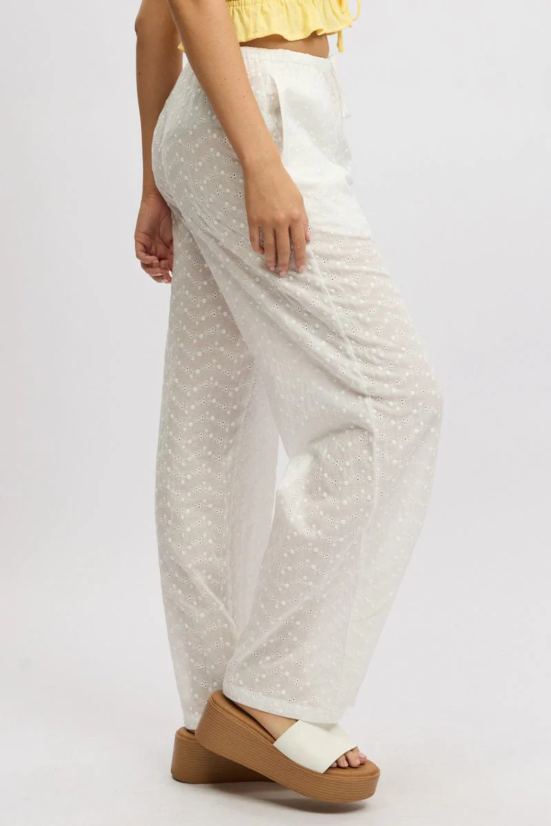White Wide Leg Pants High Rise Eyelet Fabric - Image 4