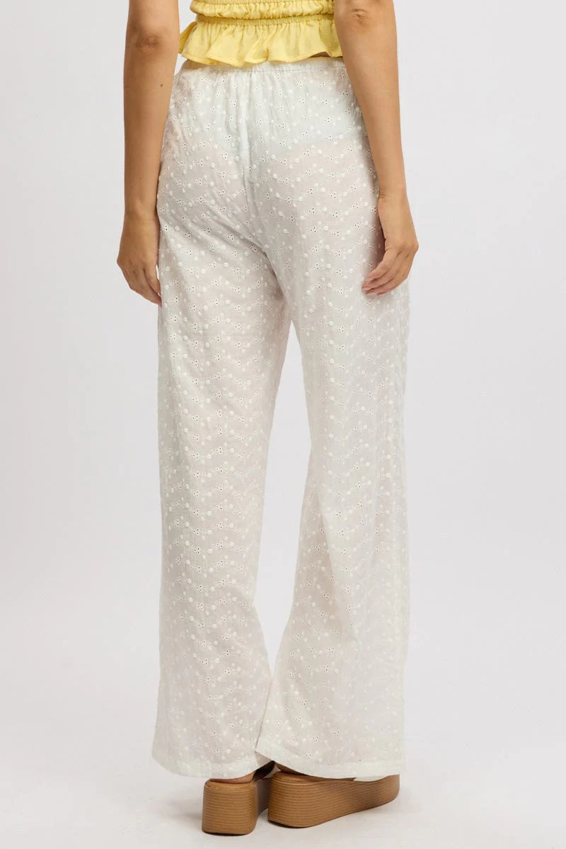 White Wide Leg Pants High Rise Eyelet Fabric - Image 5