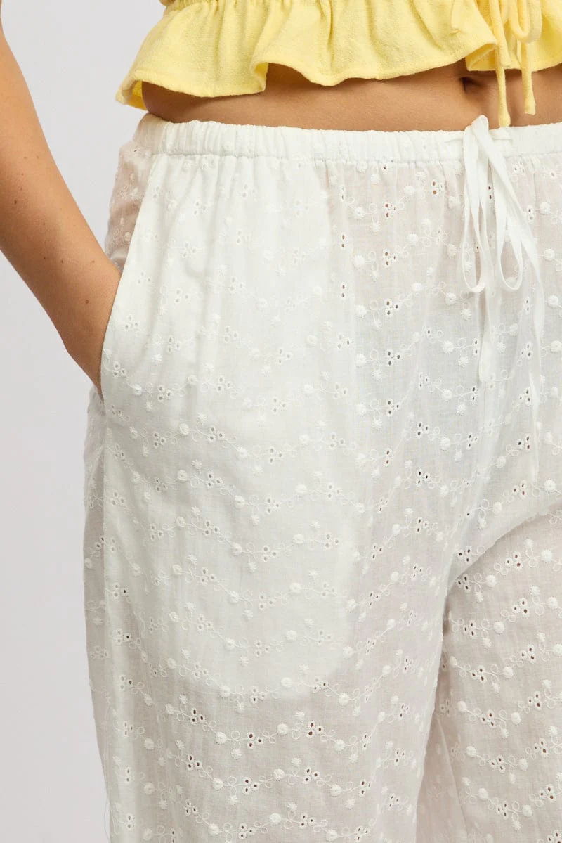 White Wide Leg Pants High Rise Eyelet Fabric - Image 6