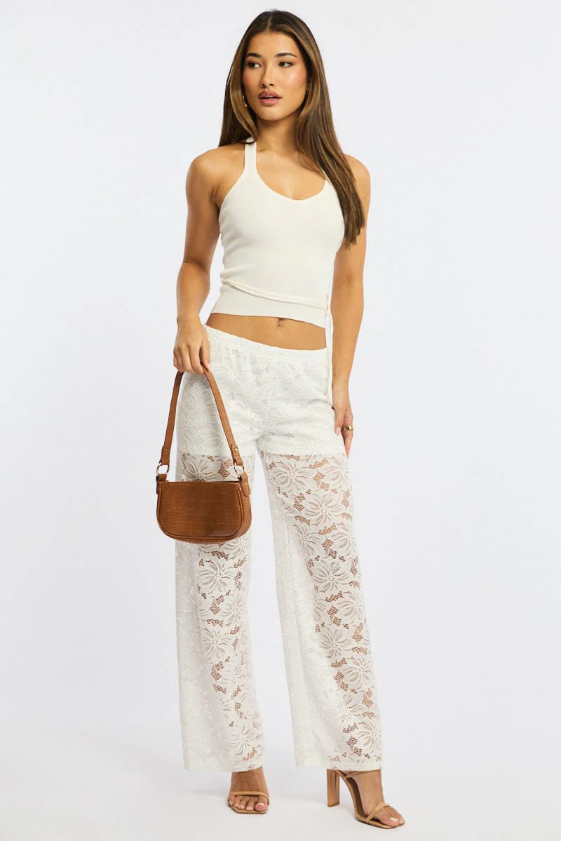White Wide Leg Pants Lace