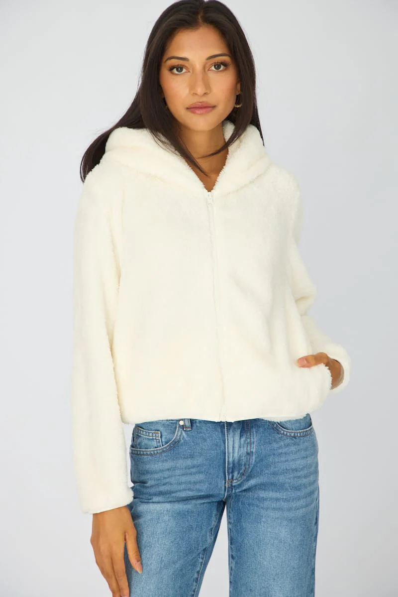 White Zip-up Hoodie Ultra Soft Teddy Fleece - Image 2
