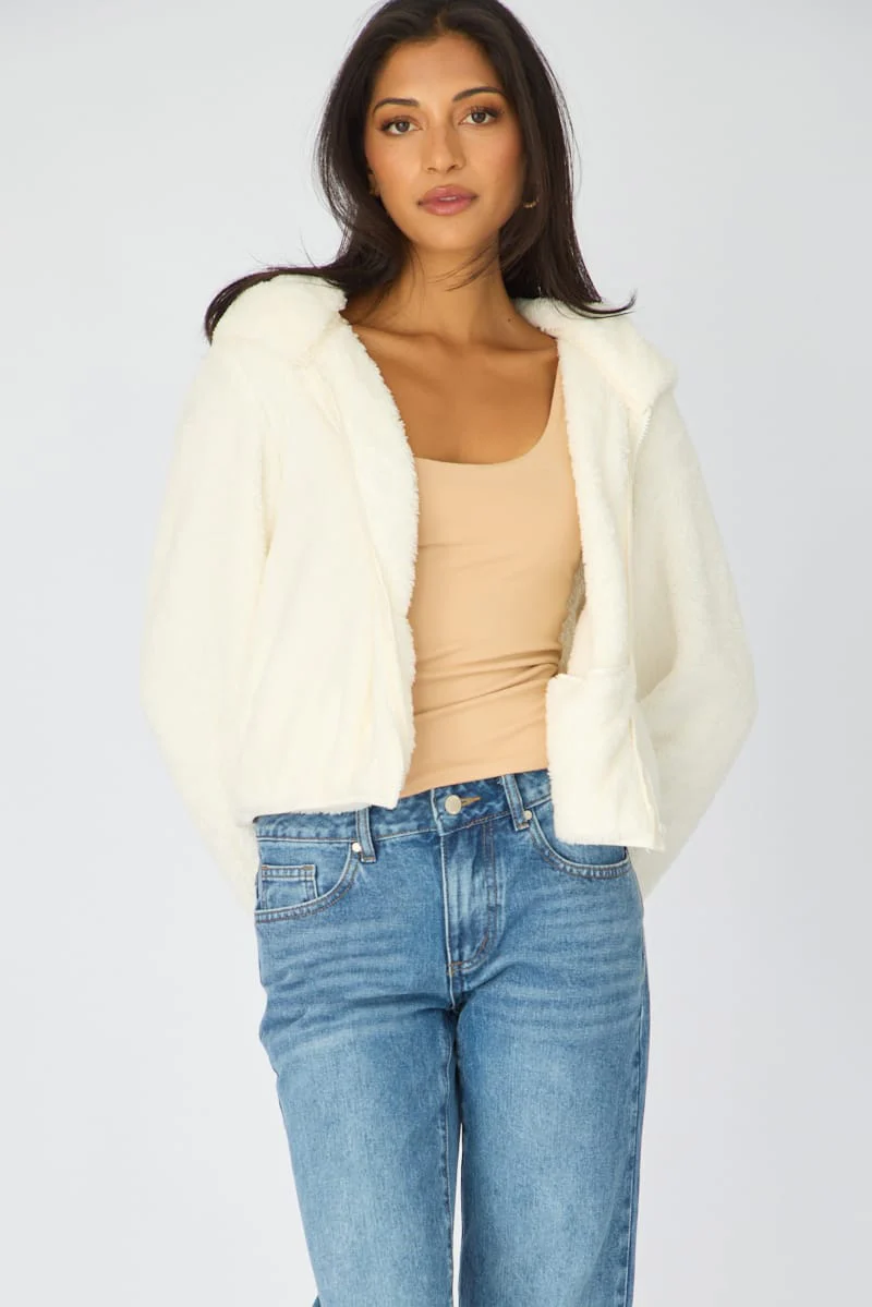White Zip-up Hoodie Ultra Soft Teddy Fleece - Image 3