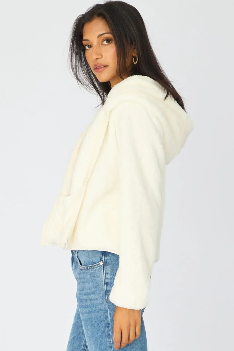 White Zip-up Hoodie Ultra Soft Teddy Fleece - Image 4