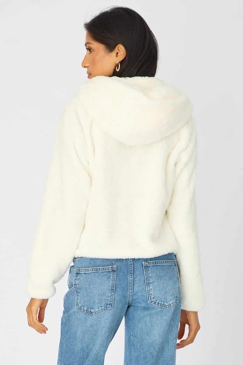 White Zip-up Hoodie Ultra Soft Teddy Fleece - Image 5