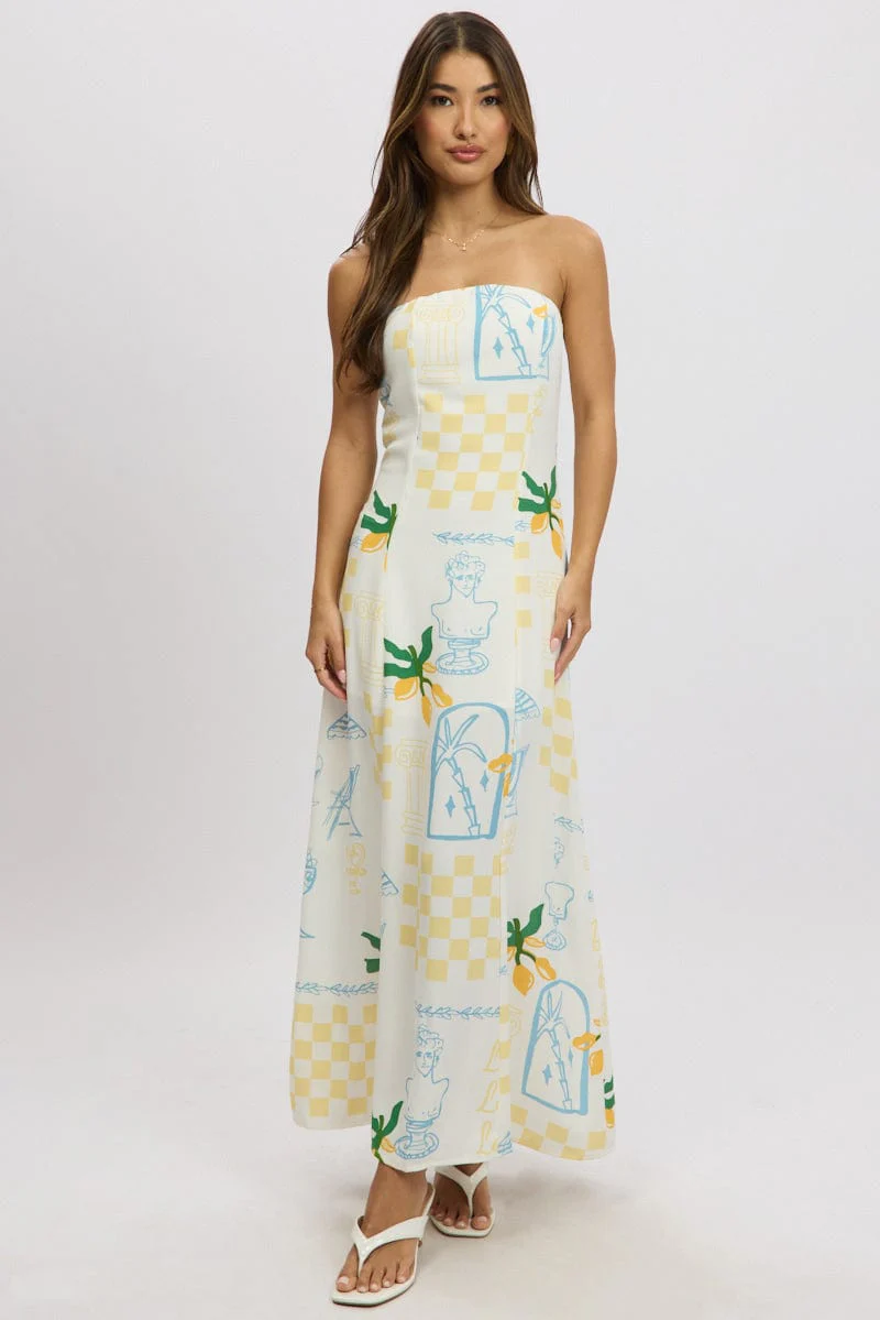 Yellow Abstract Strapless Maxi Dress - Image 3
