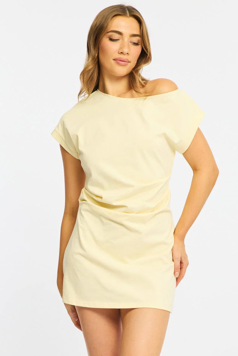 Yellow Asymmetrical Neckline Mini Dress - Image 4