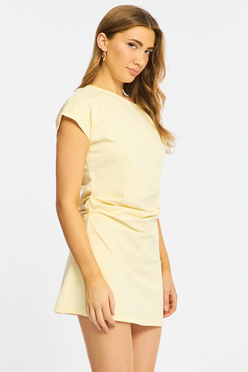 Yellow Asymmetrical Neckline Mini Dress - Image 5