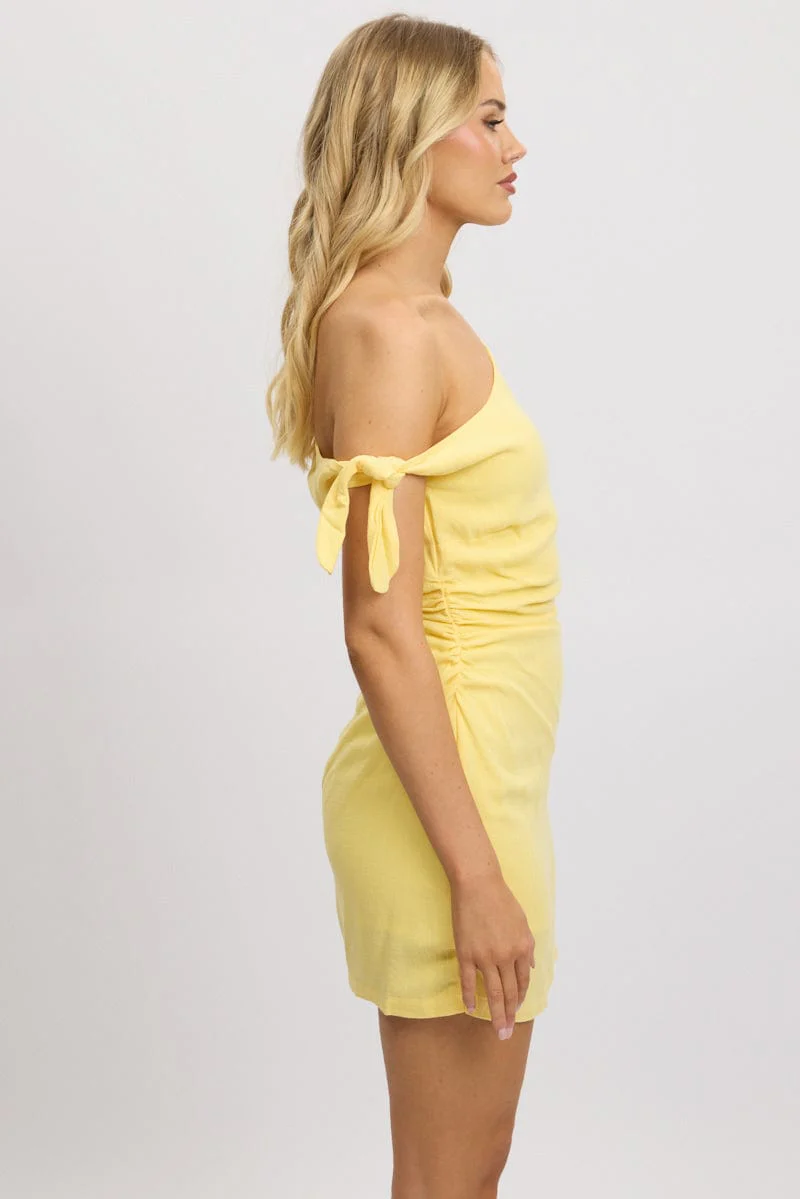 Yellow Bodycon Dress Tie up Shoulder Linen - Image 4