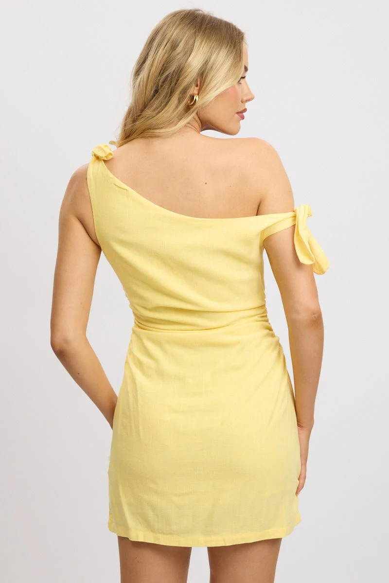 Yellow Bodycon Dress Tie up Shoulder Linen - Image 5