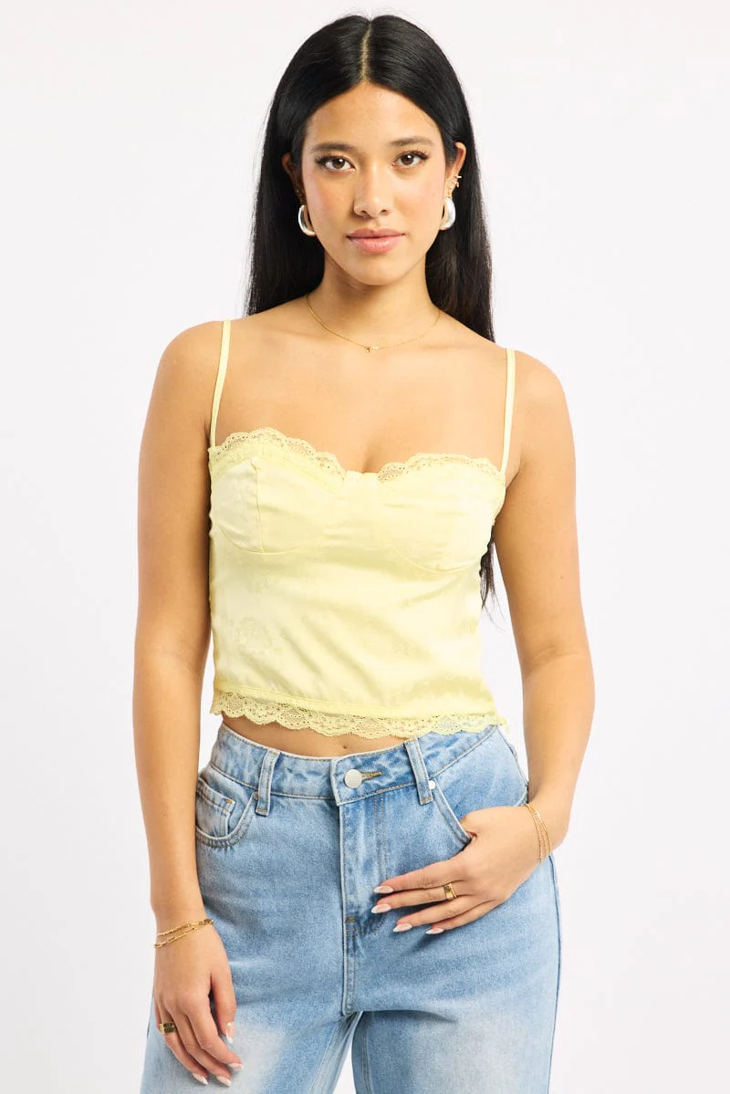 Yellow Cami Sleeveless Sweetheart Cropped Satin Jacquard