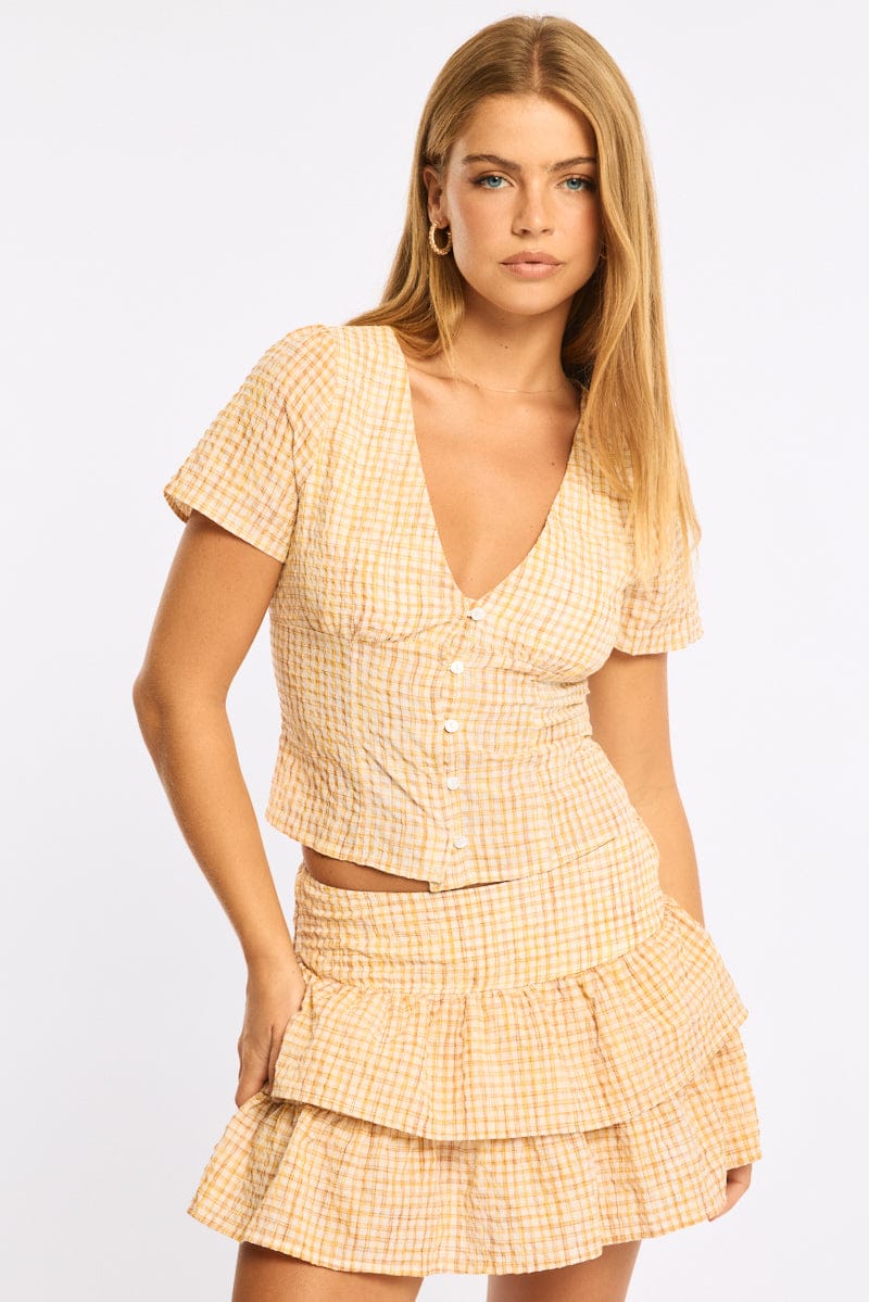 Yellow Check Button Up Top Short Sleeves V-neck