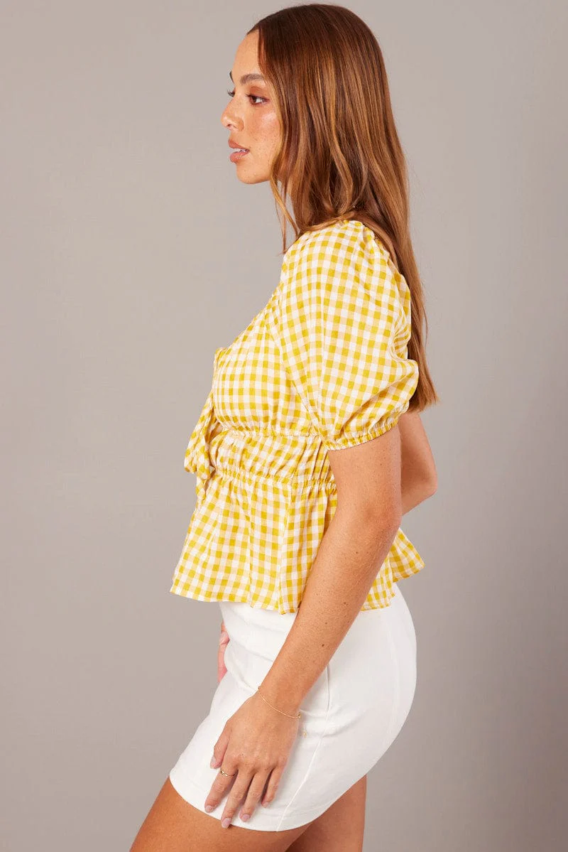 Yellow Check Ruched Peplum Top Short Sleeve - Image 4