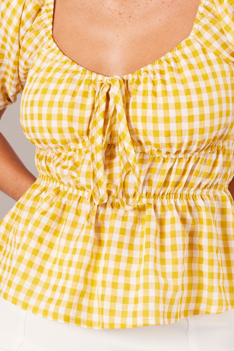 Yellow Check Ruched Peplum Top Short Sleeve - Image 6