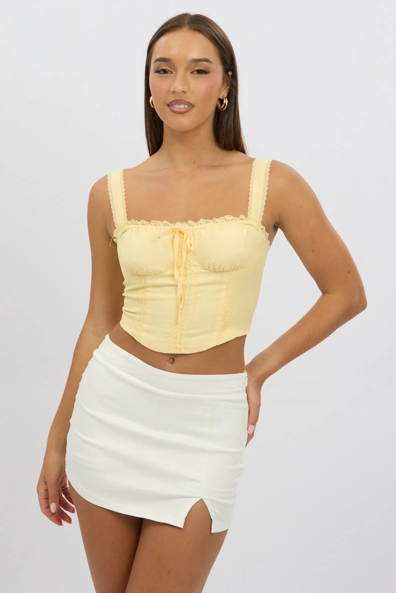 Yellow Corset Crop Top Sleeveless Ruched Bust Lace Trim