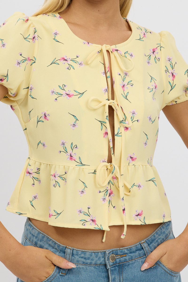 Yellow Ditsy Tie Front Top Puff Sleeve - Image 6
