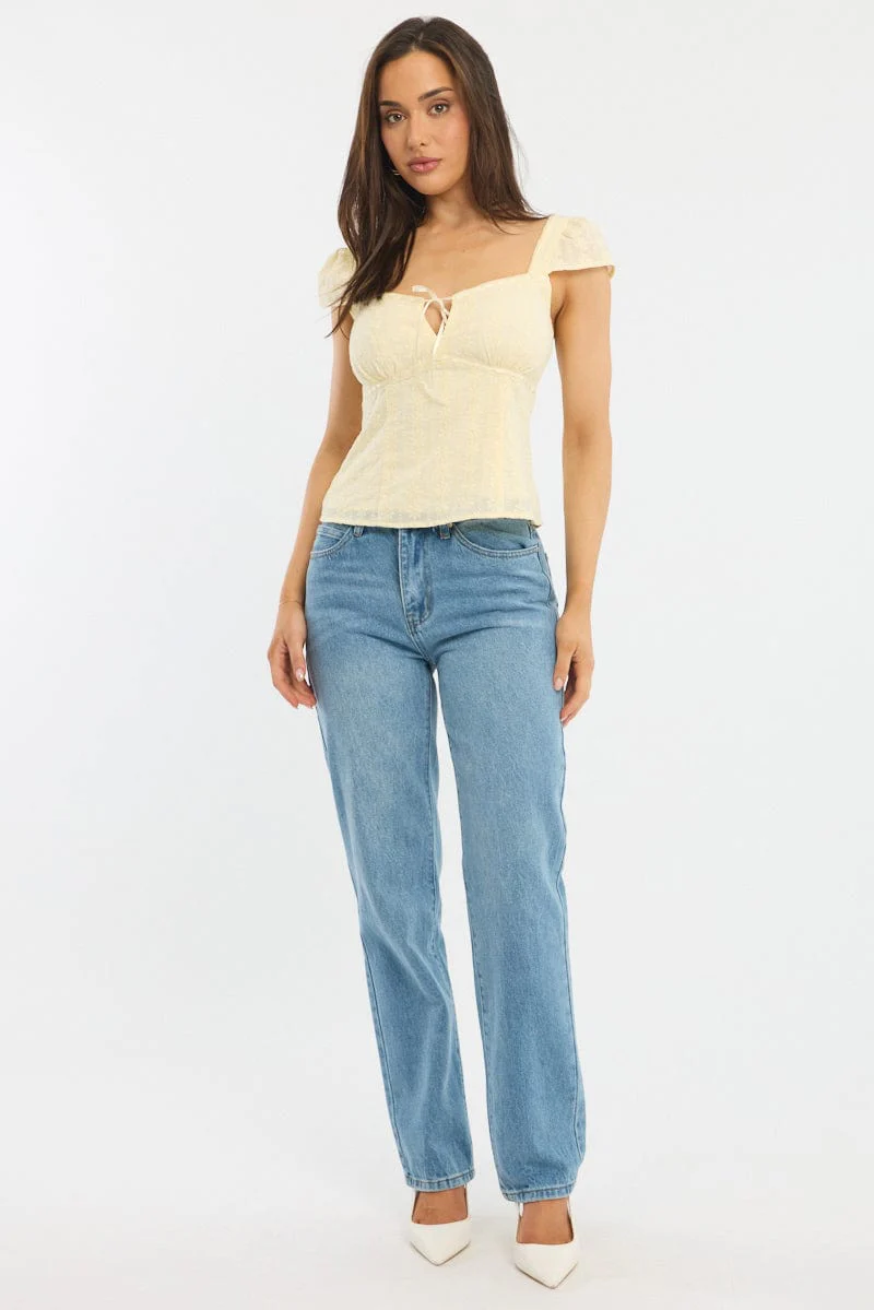 Yellow Eyelet Top Cap Sleeve Sweetheart Neckline Broderie - Image 2