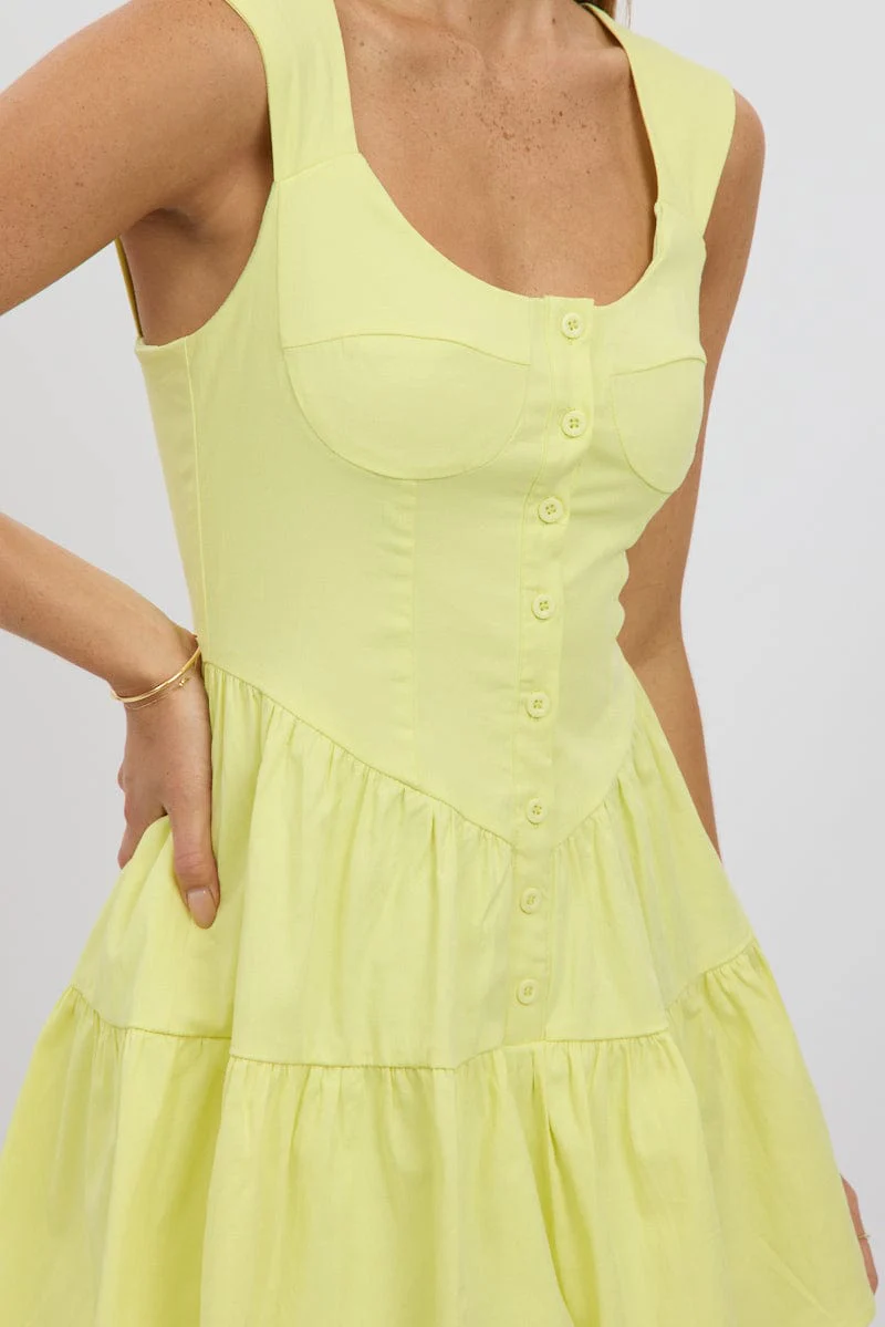 Yellow Fit And Flare Dress Mini Front Button Placket - Image 6