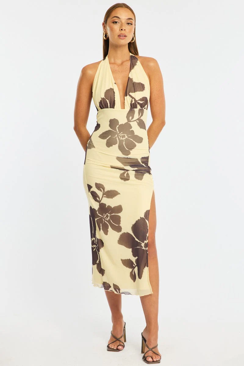 Yellow Floral Bodycon Dress Mesh - Image 3