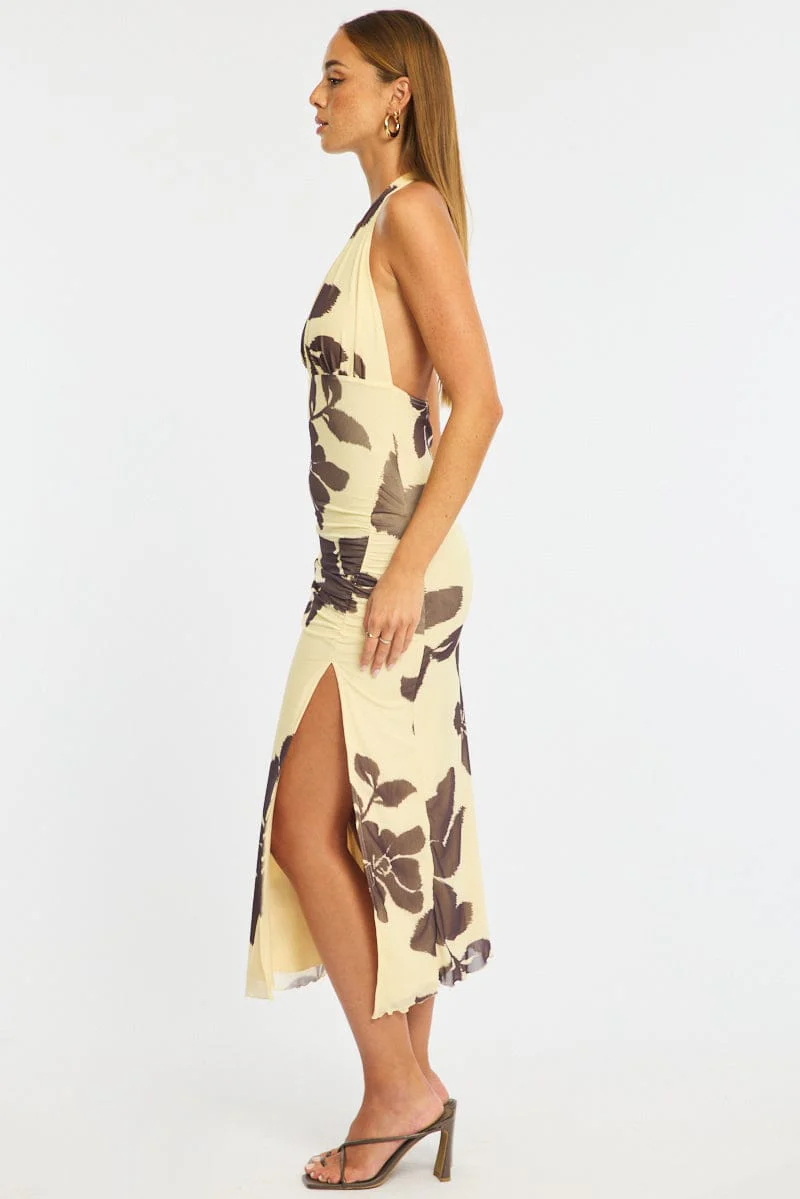 Yellow Floral Bodycon Dress Mesh - Image 4