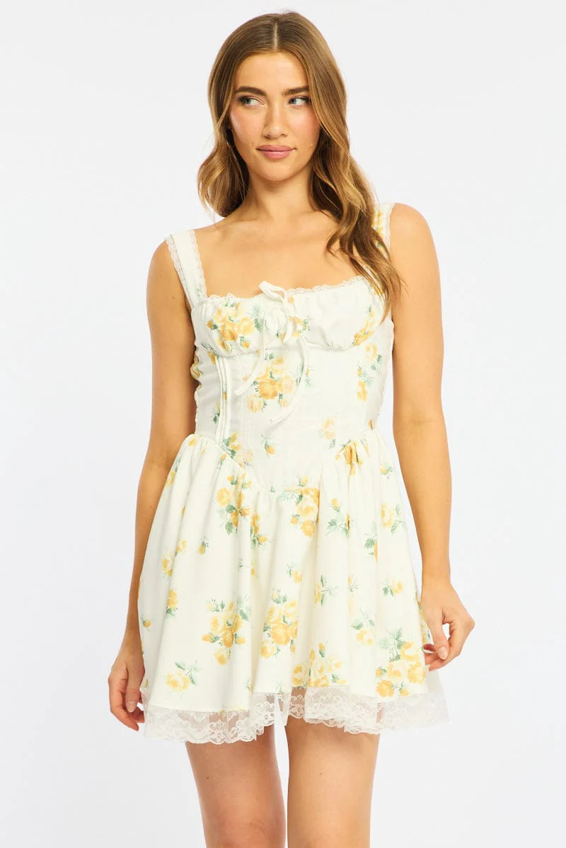 Yellow Floral Fit And Flare Dress Corset Detail Mini - Image 3