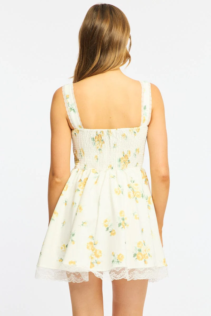 Yellow Floral Fit And Flare Dress Corset Detail Mini - Image 5
