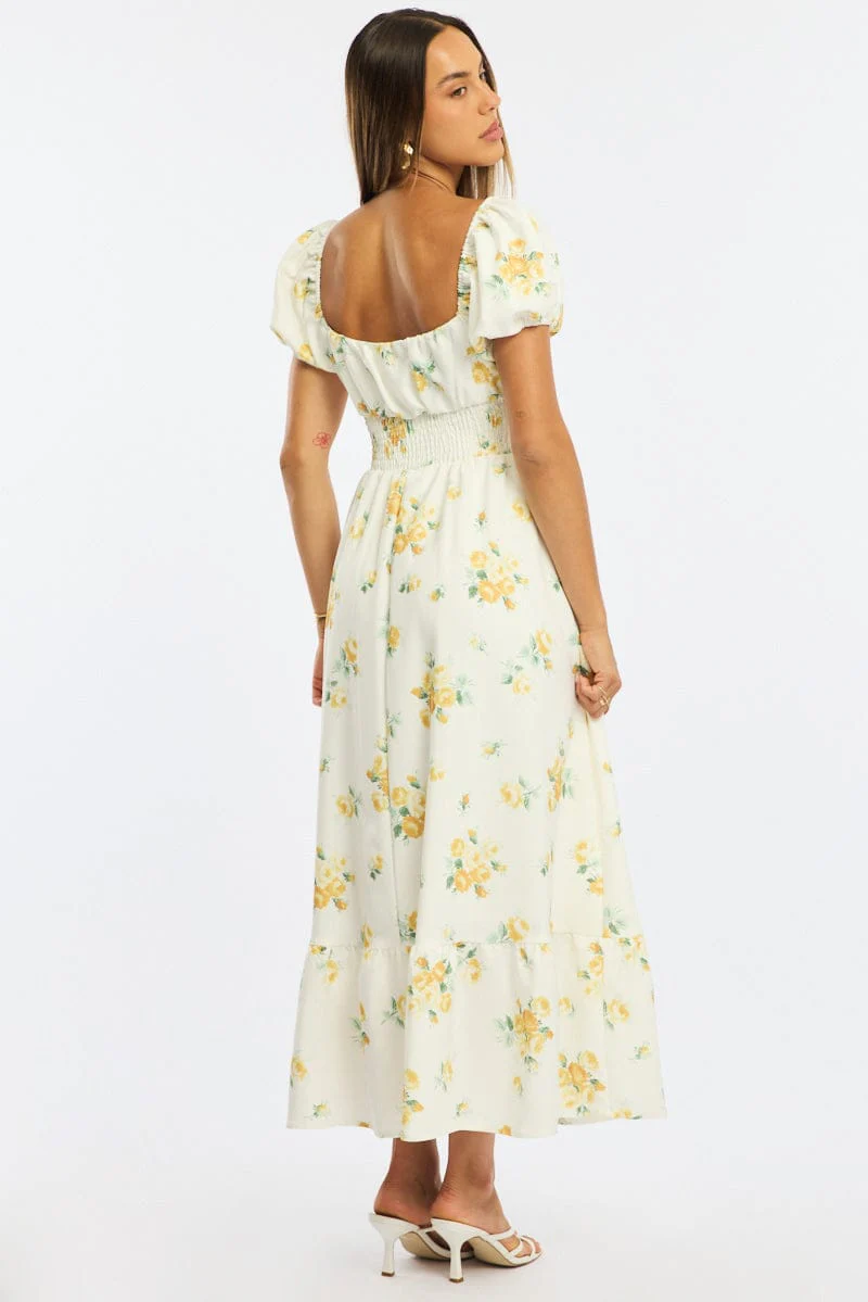 Yellow Floral Maxi Dress Puff Sleeve - Image 4
