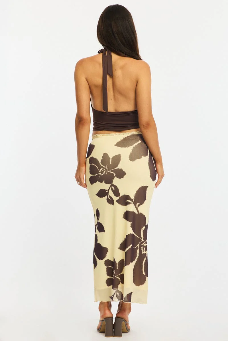 Yellow Floral Mesh Skirt Elasticated Lace Trim Midaxi - Image 5