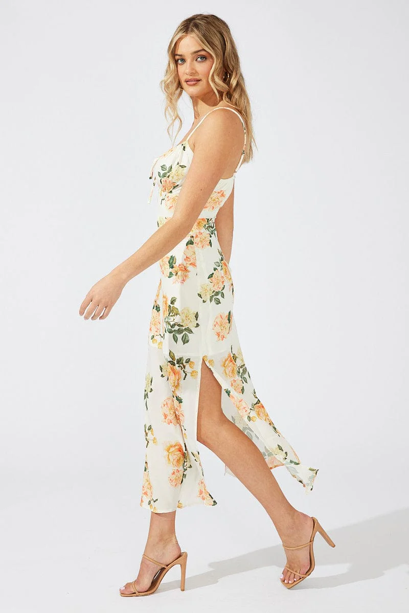 Yellow Floral Midi Dress Gathering Bust Sleeveless