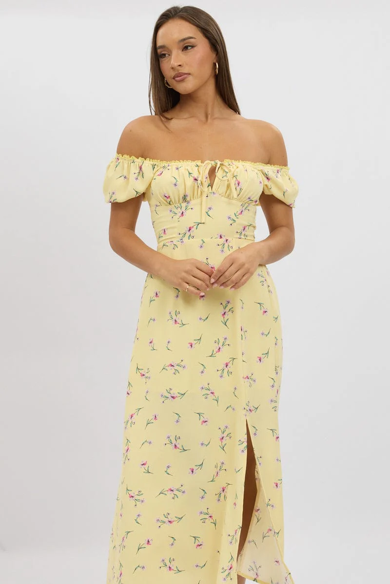 Yellow Floral Midi Dress Ruched Bust - Image 2