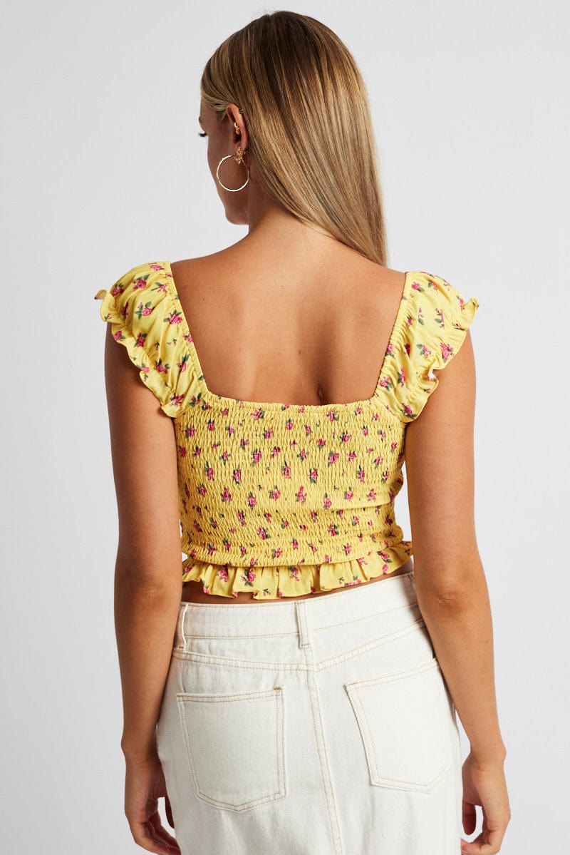 Yellow Floral Puff Sleeve Top Short Sleeve - Image 5
