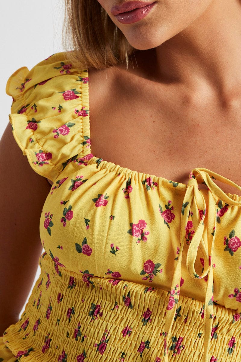 Yellow Floral Puff Sleeve Top Short Sleeve - Image 6