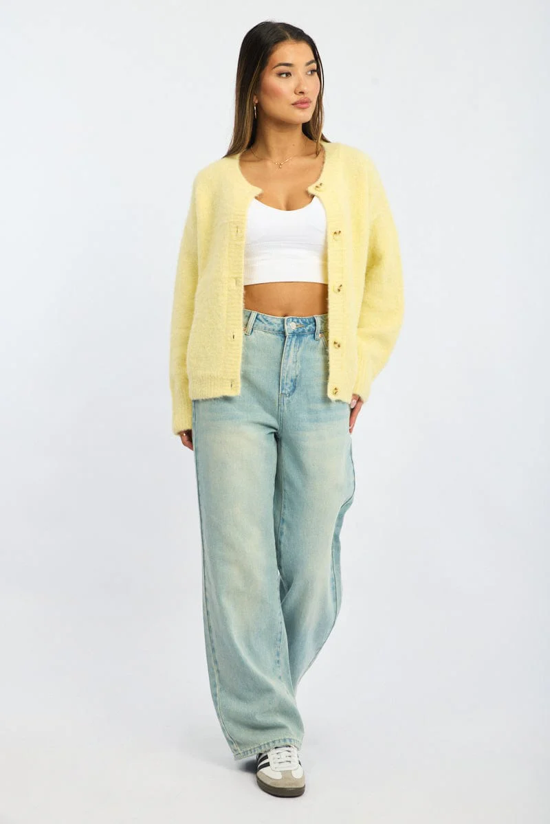 Yellow Knit Cardigan Crew Neck - Image 3