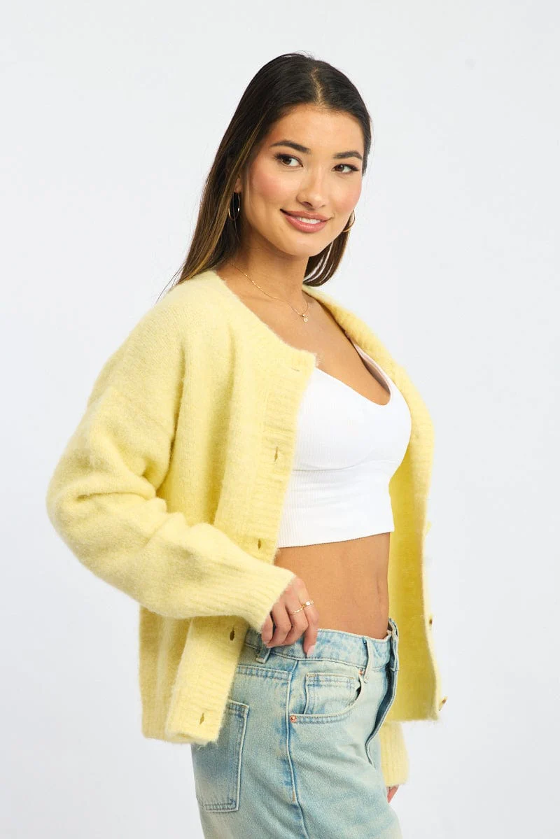 Yellow Knit Cardigan Crew Neck - Image 4