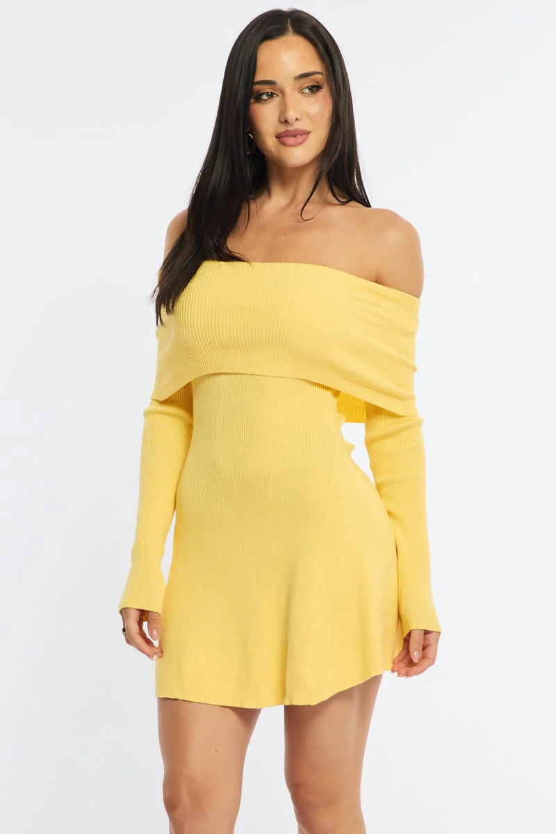 Yellow Knit Dress Long Sleeve Off Shoulder - Image 2