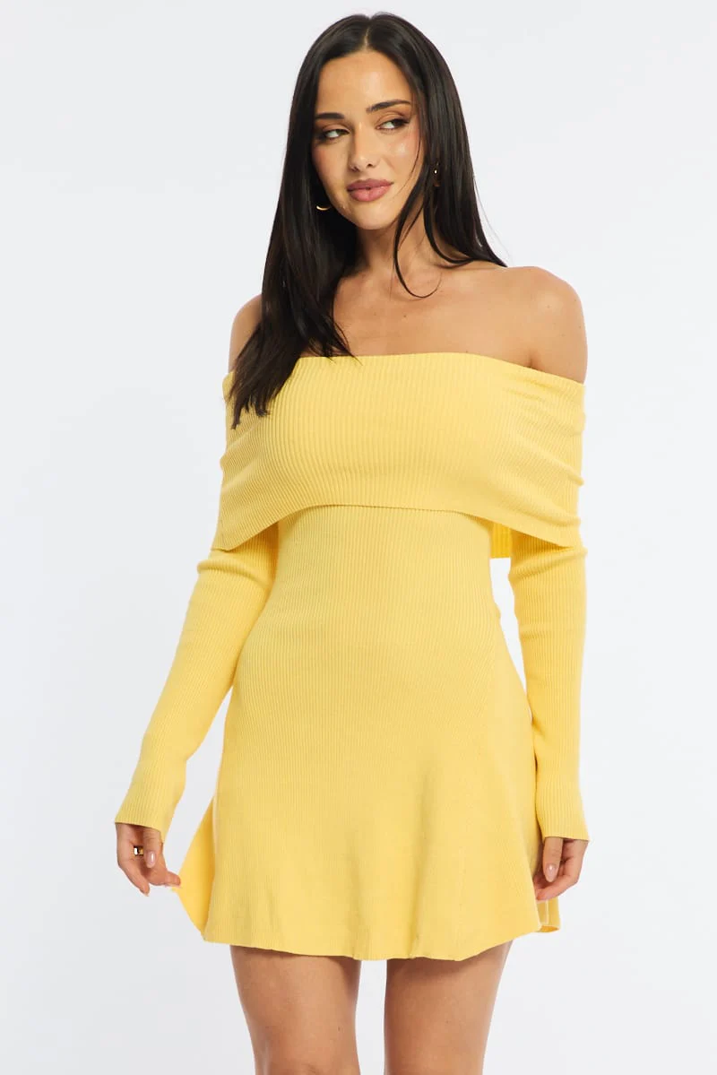 Yellow Knit Dress Long Sleeve Off Shoulder - Image 4
