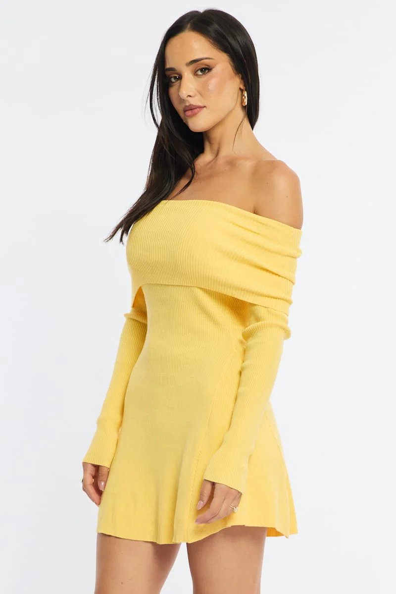 Yellow Knit Dress Long Sleeve Off Shoulder - Image 5