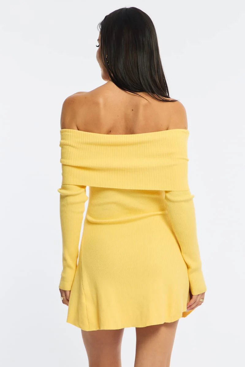 Yellow Knit Dress Long Sleeve Off Shoulder - Image 6
