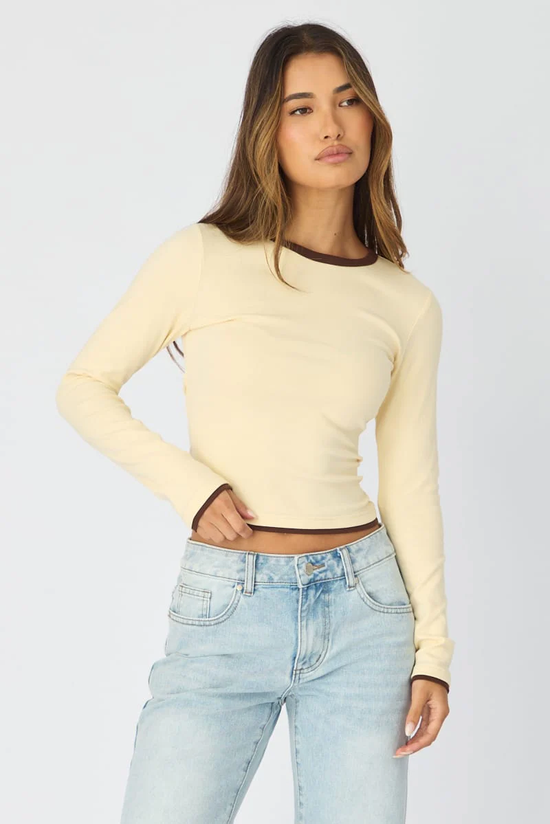 Yellow Long Sleeve Contrast Binding T-shirt - Image 4