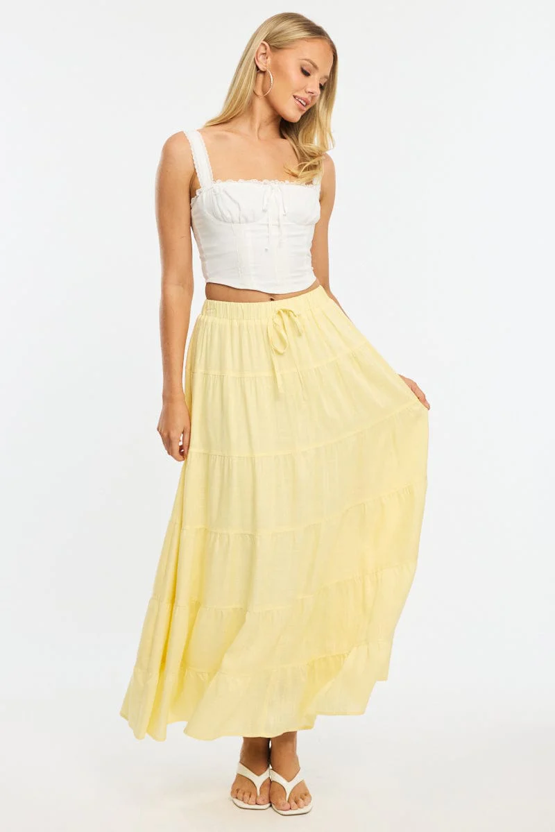Yellow Maxi Skirt Tiered High Rise Linen Blend - Image 3