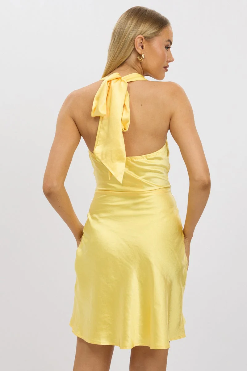 Yellow Mini Dress Cowl Neck Satin - Image 5