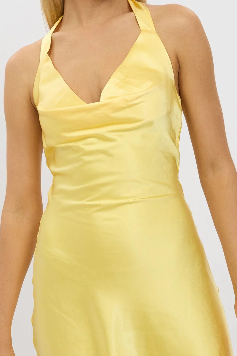 Yellow Mini Dress Cowl Neck Satin - Image 6